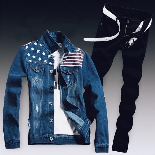Spring Mens Denim Two Piece Set Hole Ripped Slim Fit Jacket Jeans Sets Male Casual Vintage Ropa Hombre Cargo Suit Streetwear XL