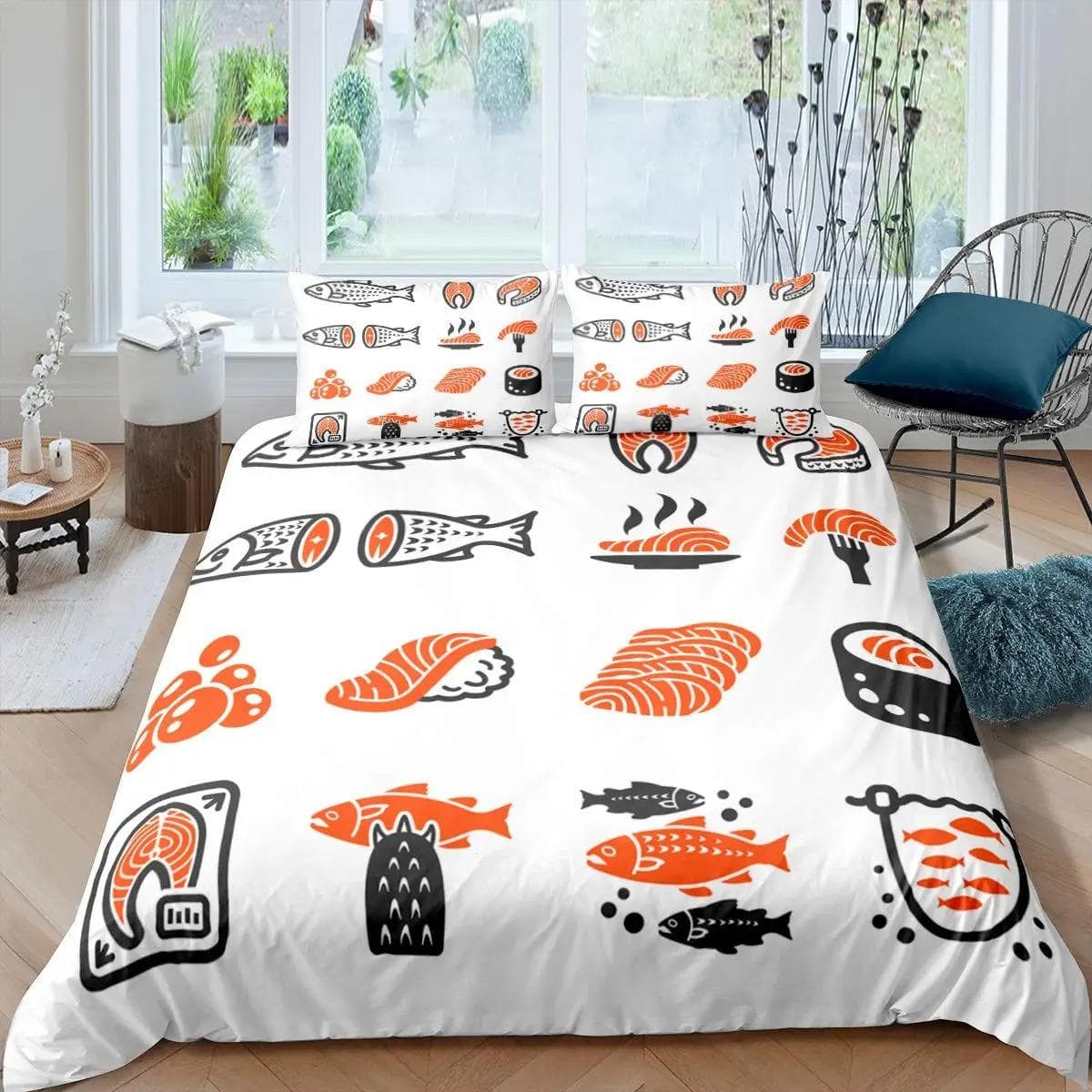 Sushi Pattern Duvet Cover Set King Microfiber Japanese-Style Comforter Cover Food Theme Cute Cartoon Japanese Sushi Quilt Cover AU Single 140x210cm