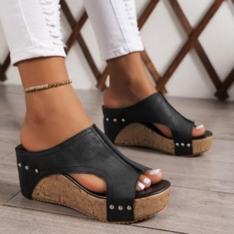 The Popular Summer Round Toe Thick-soled Shoes Roman Sandals and Women's Large-sized Fish-mouthed Sponge Slippers 41 black