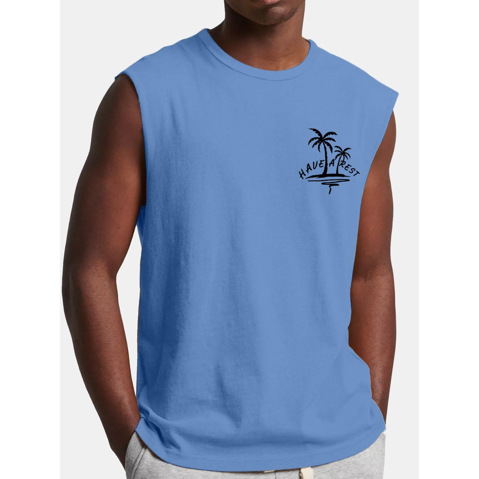 Mens Summer Surf Beach Tank Top Large Size Casual Breathable Sleeveless Top Loose Print Tank Top Man Shirt L blue