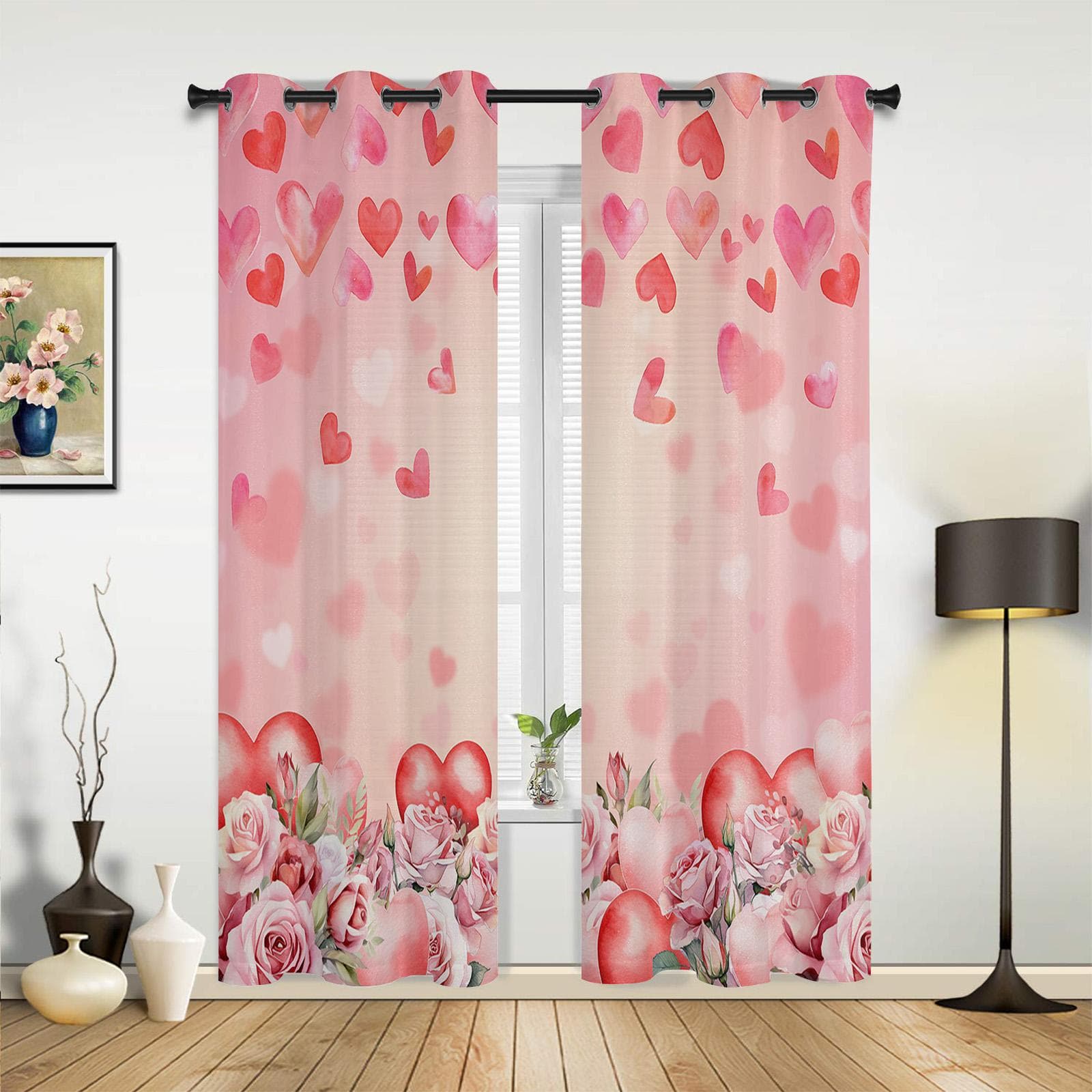 Valentine'S Day Roses Love Window Curtains for Living Room Bedroom Curtain Modern Kitchen Blinds Drapes Curtains 135W x 60H(cm) x1