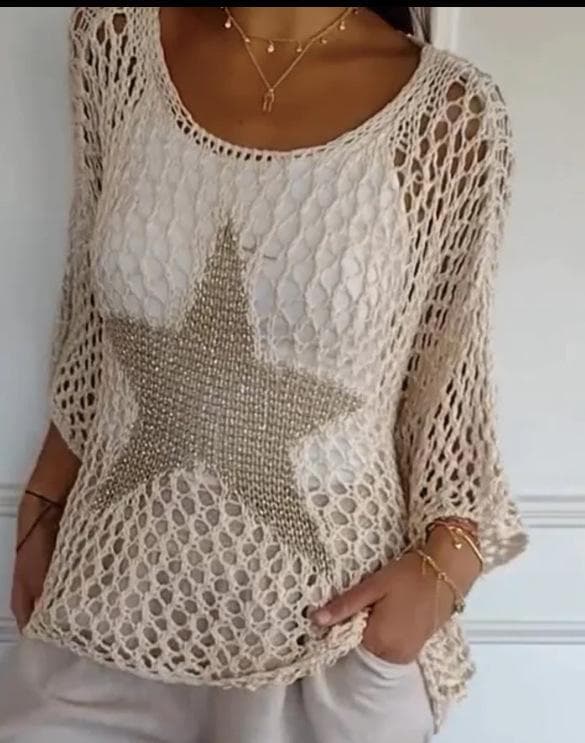 Chic European & American Five-Star Round Neck Sweater - Women's Elegant Three-Quarter Sleeve Top S apricot