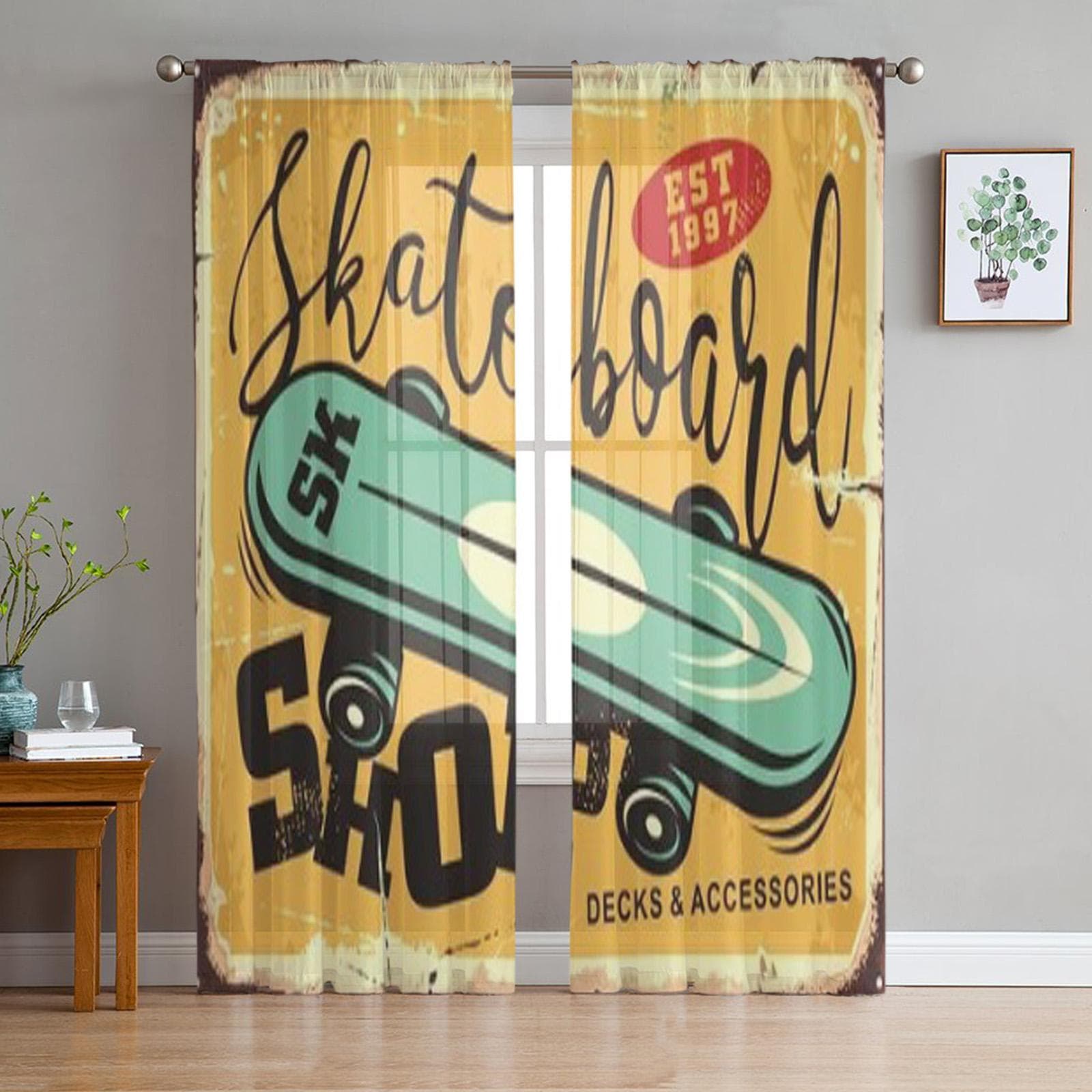 Retro Skateboarding Shop Comic Style Chiffon Sheer Curtains for Living Room Bedroom Window Curtain Voiles Tulle Cortinas 135W x 114H(cm)