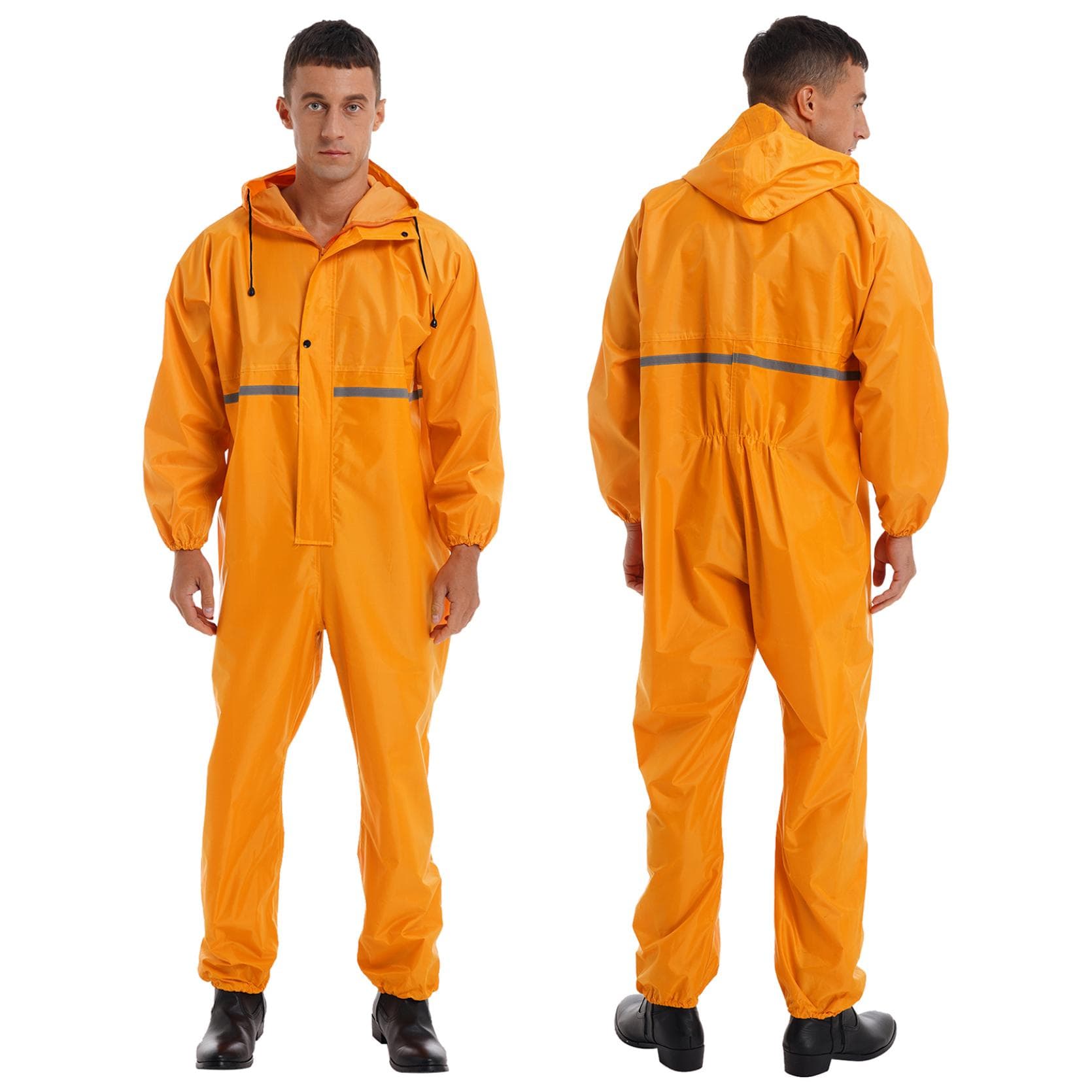 Mens Waterproof Jumpsuit Reflective Strip Rainsuit Long Sleeve Hooded Raincoat Zipper Coveralls 3XL yellow