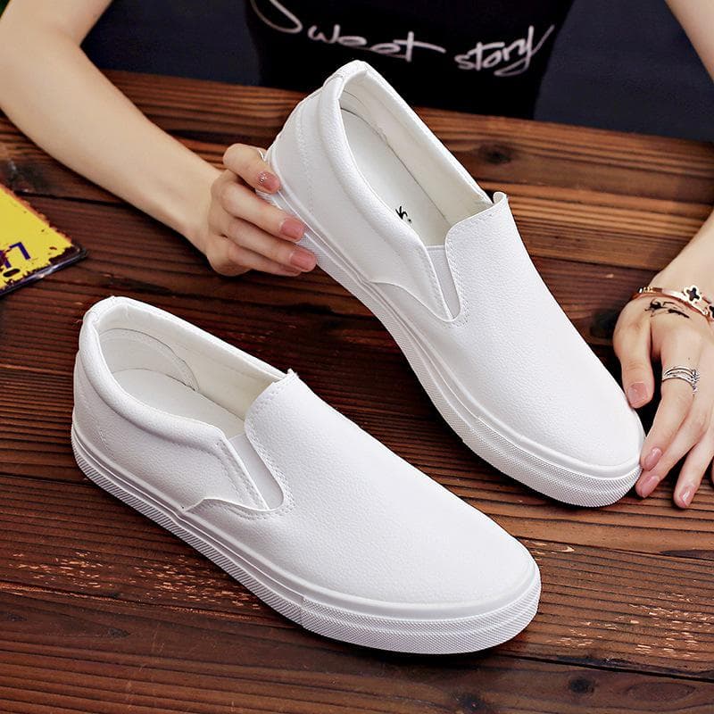 Slip-On White PU Leather Shoes Canvas Leisure Sneaker Muffin Platform Students Outdoor Shoes 40 white
