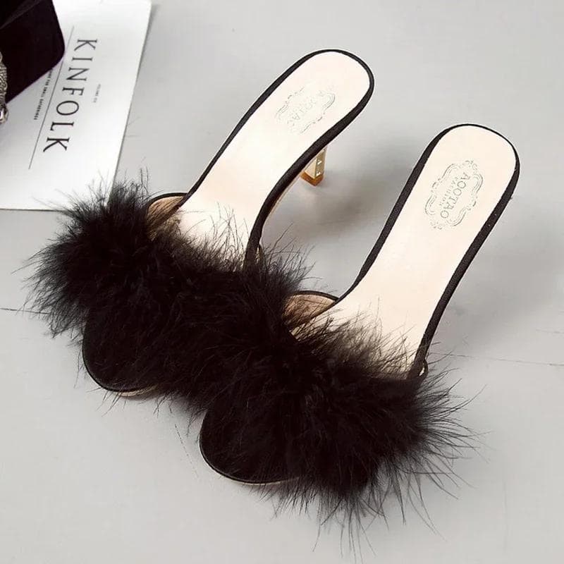 Women Slippers Summer 2024 New Fashion Hairy Stiletto Sandals Slippers Women Word Drag Open Toe Wear High Heel Slippers Women 39 black