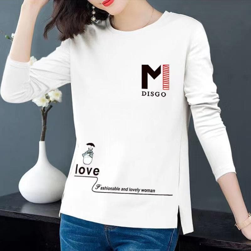 Spring Autumn Long Sleeve Crew Neck T Shirts Pullover Cute Letter Printed Casual Tops Ladies Blouse L white