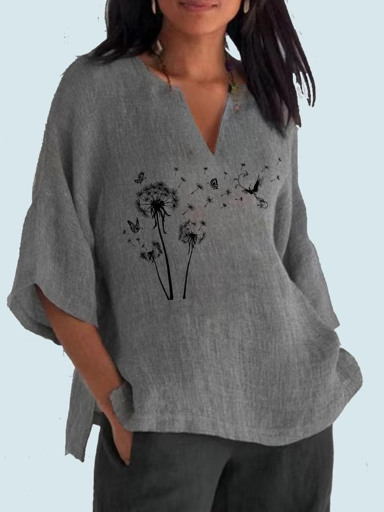 Women Fashion Blouse V neck Print 3/4 Long Sleeve Cotton Linen Shirt Ladies Pullover Loose Tops 2XL grey