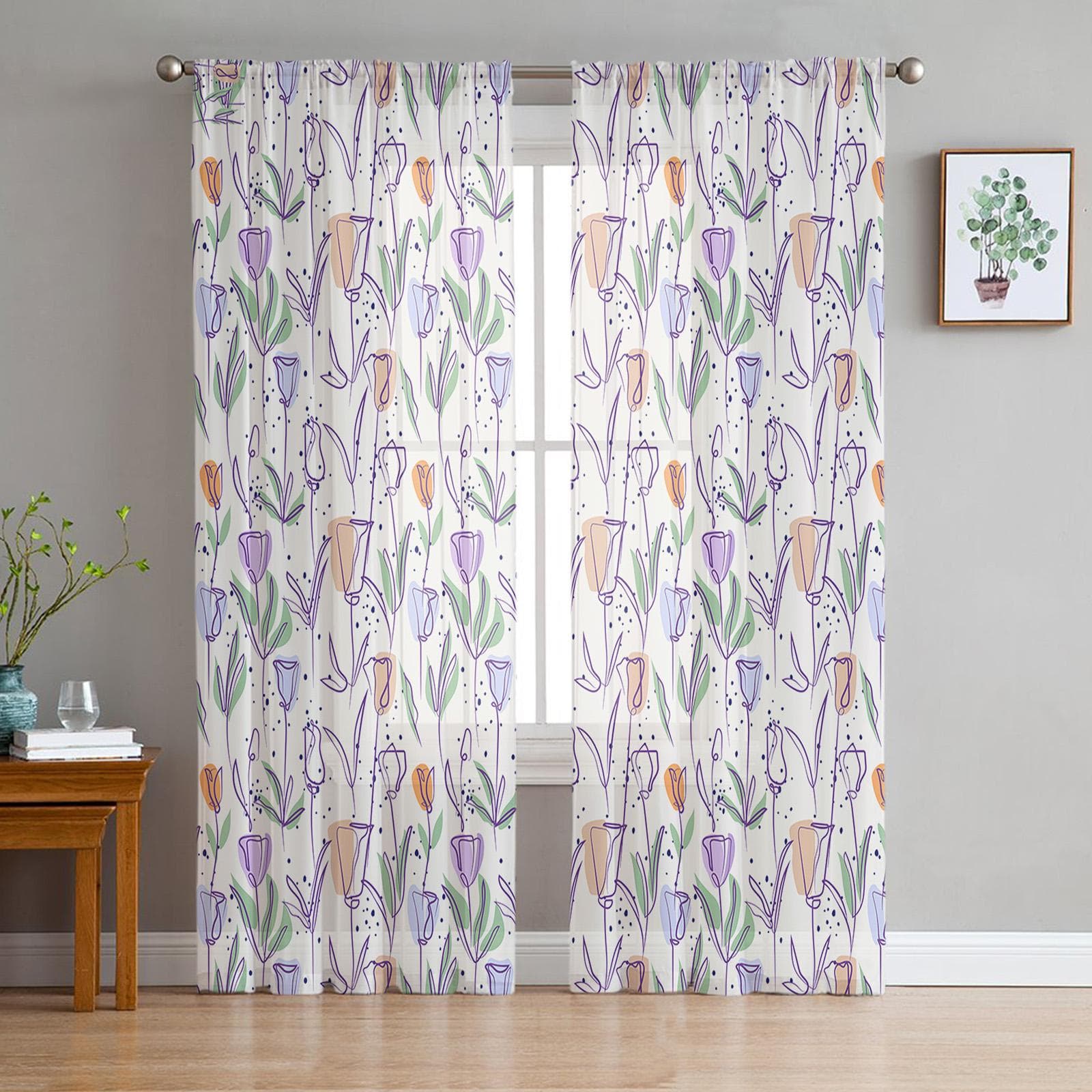 Spring Flowers Plant Tulips Voile Sheer Curtains For Living Room Window Chiffon Tulle Curtain Kitchen Bedroom Drapes Home Decor 135W x 114H(cm)