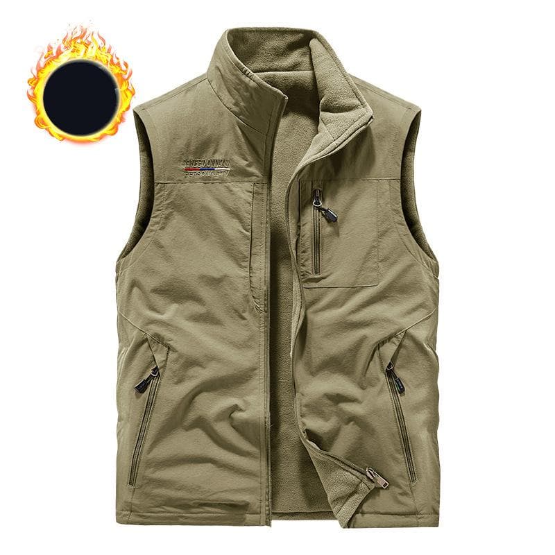 Fall/winter Plus Velvet Vest Outdoor Sports Vest for Middle-aged and Elderly Men Quick-drying Multi-pocket Leisure Vest M khaki