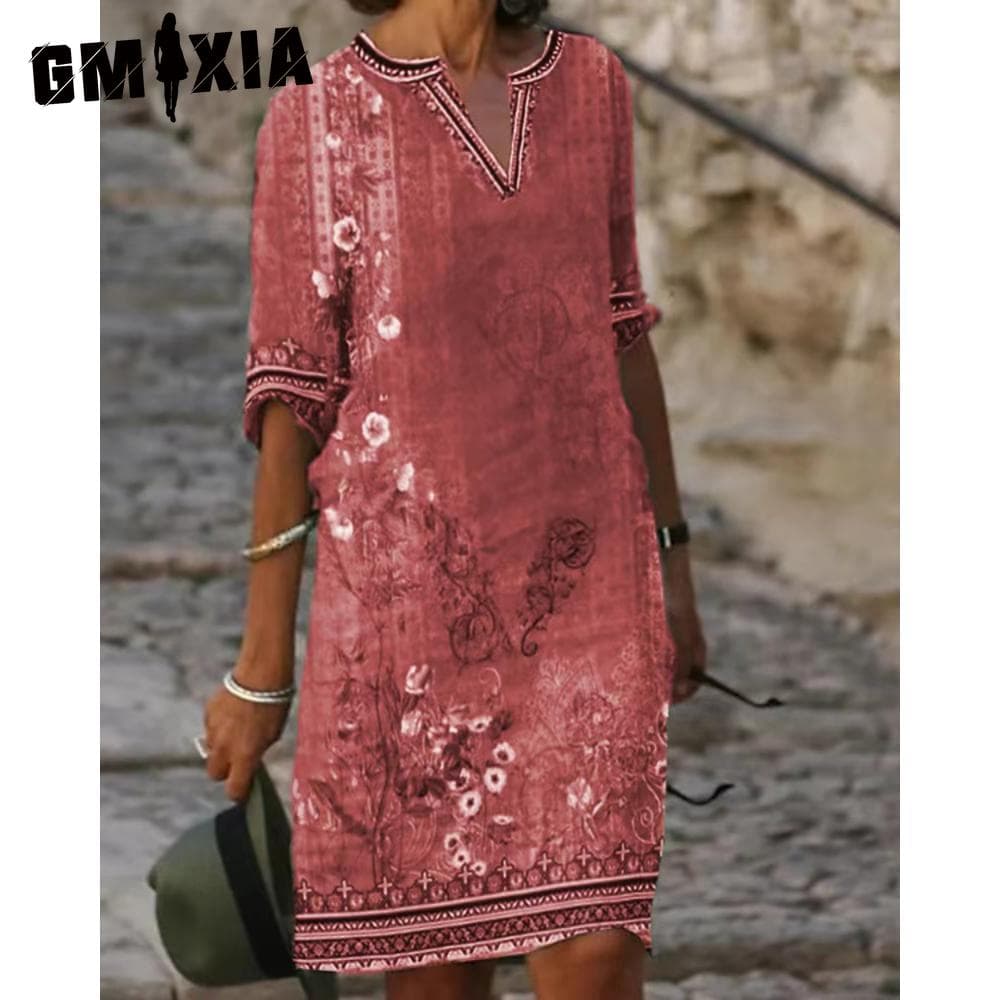 GMXIA Women Sexy V Neck T-Shirt Dress Summer Women Short Sleeve Top Women Slim Midi Dress Beach Skirt Print Dress Casual Dress XXL