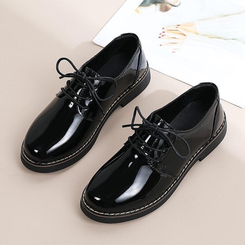 British Style Women Oxford Flats Shoes Leather Black Office Business Student Girl Shoes Lace Up 37