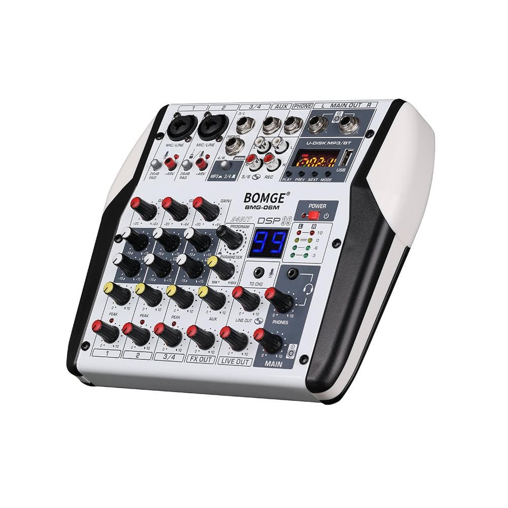BOMGE 6 Channel DJ Audio Sound Mixer Professional Soundboard Stereo Recording MP3 USB BT Input 48V 1 white