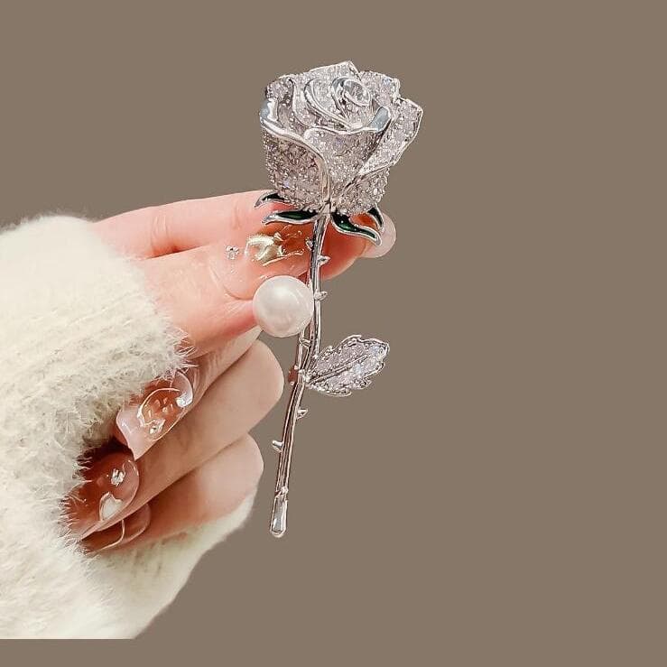 Autumn/Winter Luxurious Atmospheric Coat Accessories Chest Flowers High-end Feeling Fixed Pins Fully Inlaid Zircon Rose Brooch 1 * Brooch silver