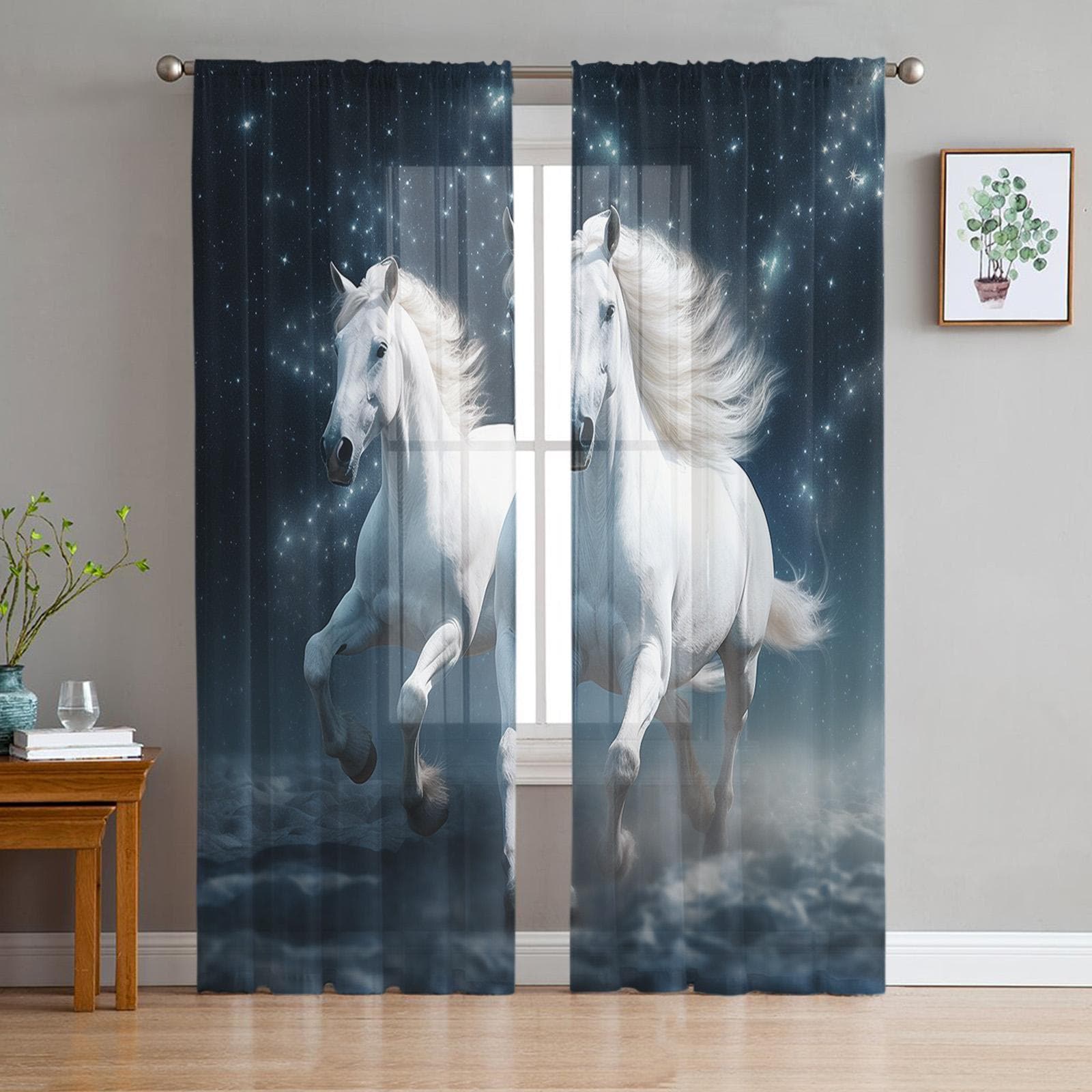 Horse Starry Sky Stars Clouds Sky Mane Sheer Curtains for Bedroom Living Room Voile Window Curtains Tulle Curtains for Kids Room 135W x 114H(cm)