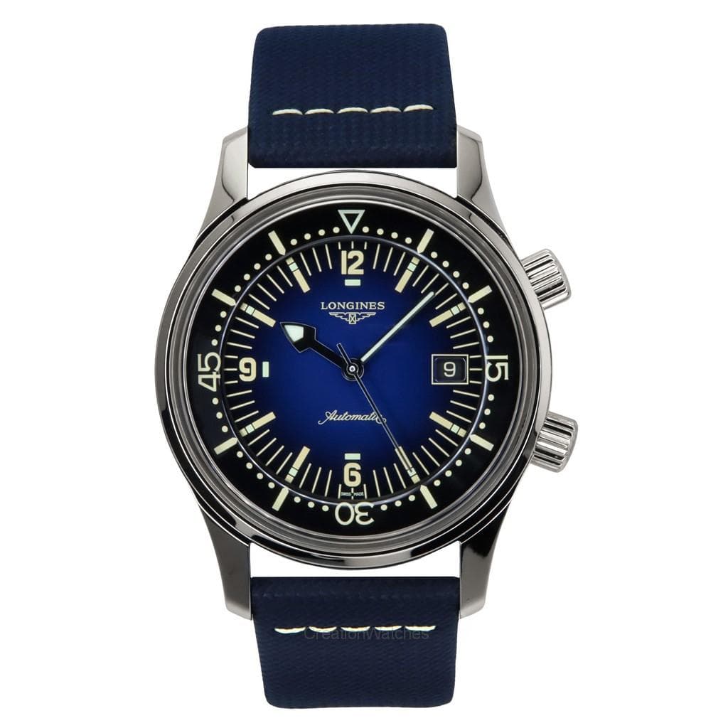 Longines Legend Diver Leather Strap Blue Dial Automatic L3.774.4.90.2 300M Men's Watch blue