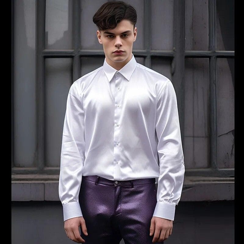 Men's Satin Luxury Dress Shirts Fashion Smooth Male Tuxedo Shirt Solid Wedding Party Prom Nightclubs Shirt M white