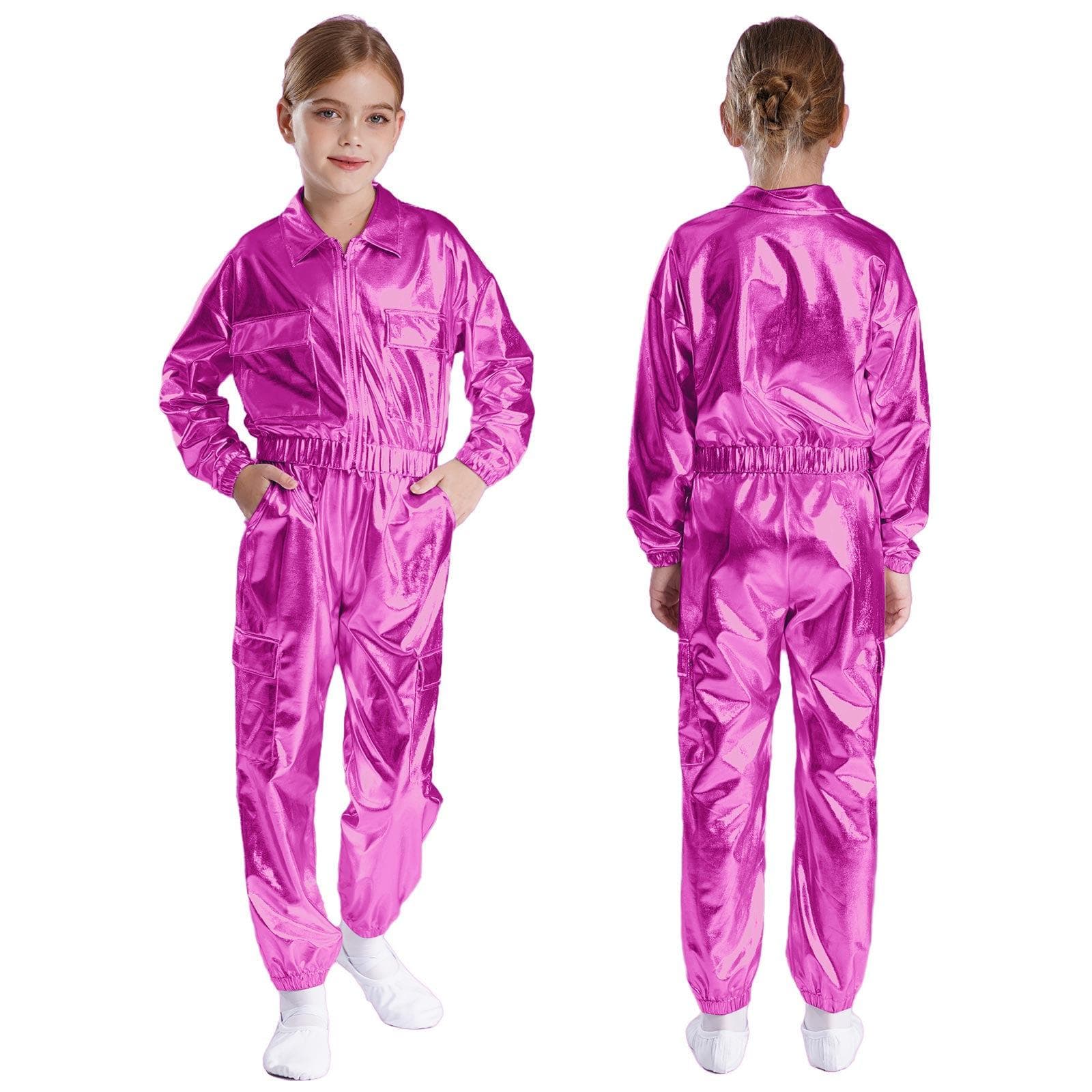 Kids Boys Girls Jazz Hip-Hop Street Dance Performance Costume Metallic Shiny Long Sleeve Athletic Jacket Coat with Pants Outfits 11-12 Years hot pink