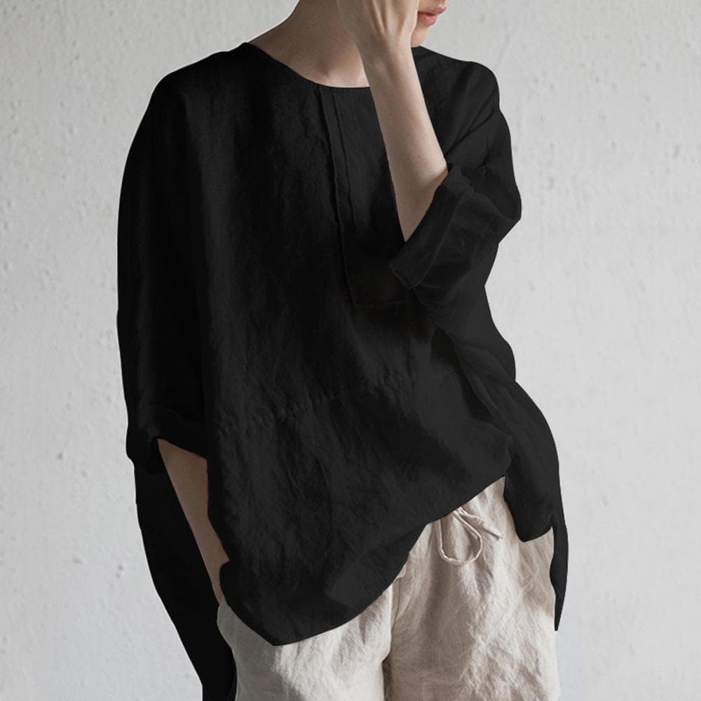 Vintage Women Summer Cotton Linen Blouse Solid Color O Neck Half Sleeve Split Hem Casual Pluse Size 4XLarge black