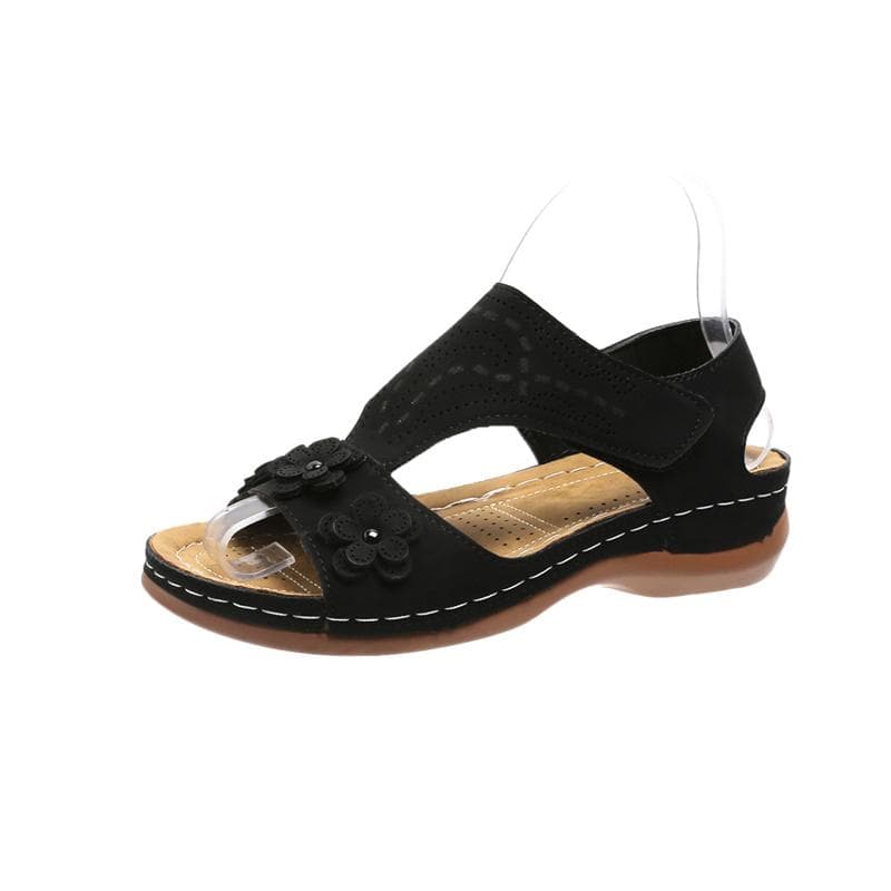 Retro Flowers Design Wedge Sandals Women Hot Sale Open Toe Summer Roman Cutout Shoes Ladies Solid Flat Sandals 43