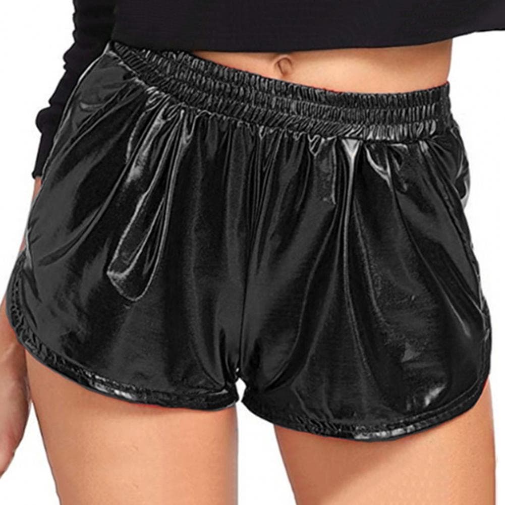 Women Casual Shorts Elastic High Waist Glossy Surface Solid Color Faux Leather Shorts with Pockets Streetwear S black