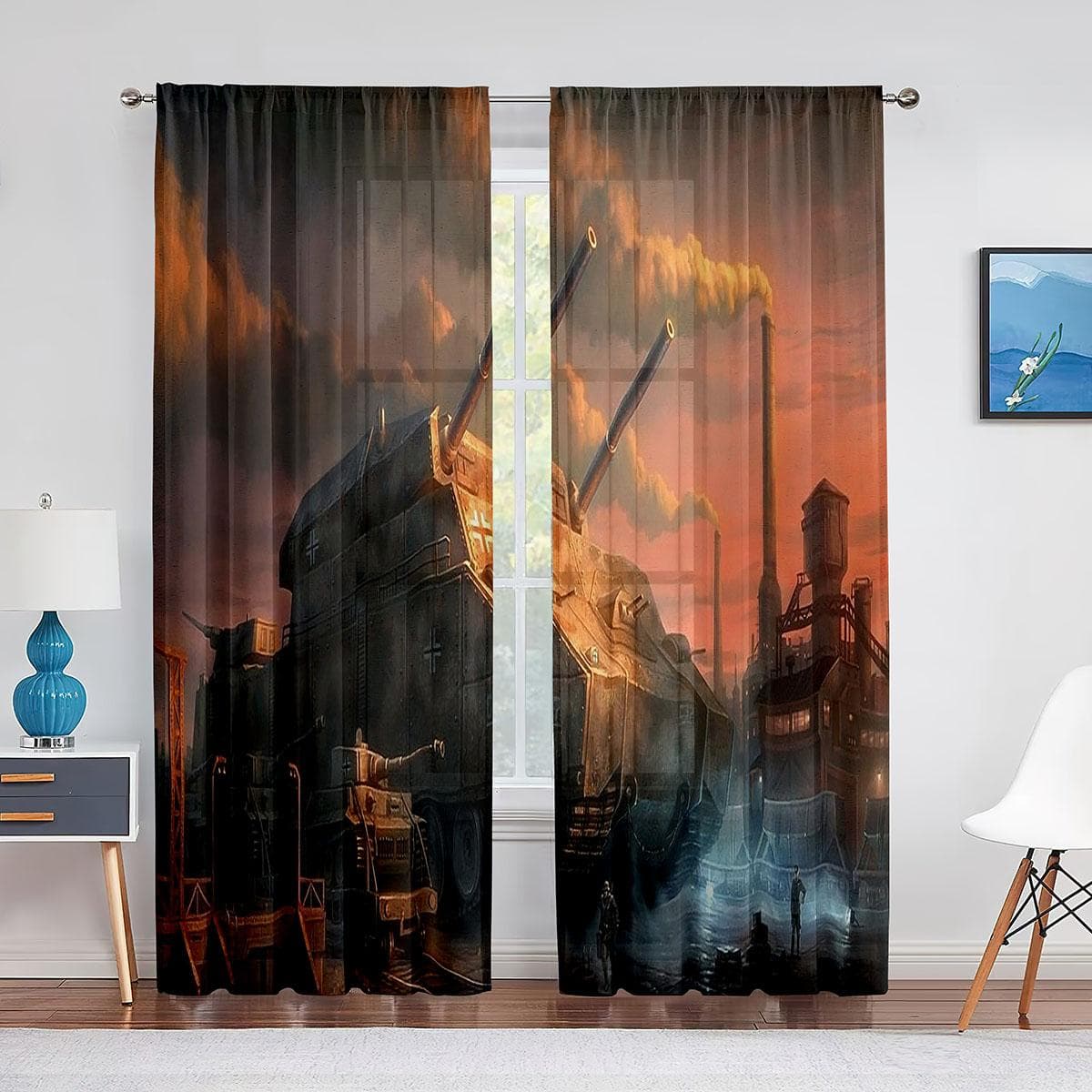 Military War Armoured Tank Tulle Voile Curtains for Kids Men Bedroom Window Curtain Living Room Sheer Curtains Organza Drapes 1 PCS W100XH250cm&Grommet Top