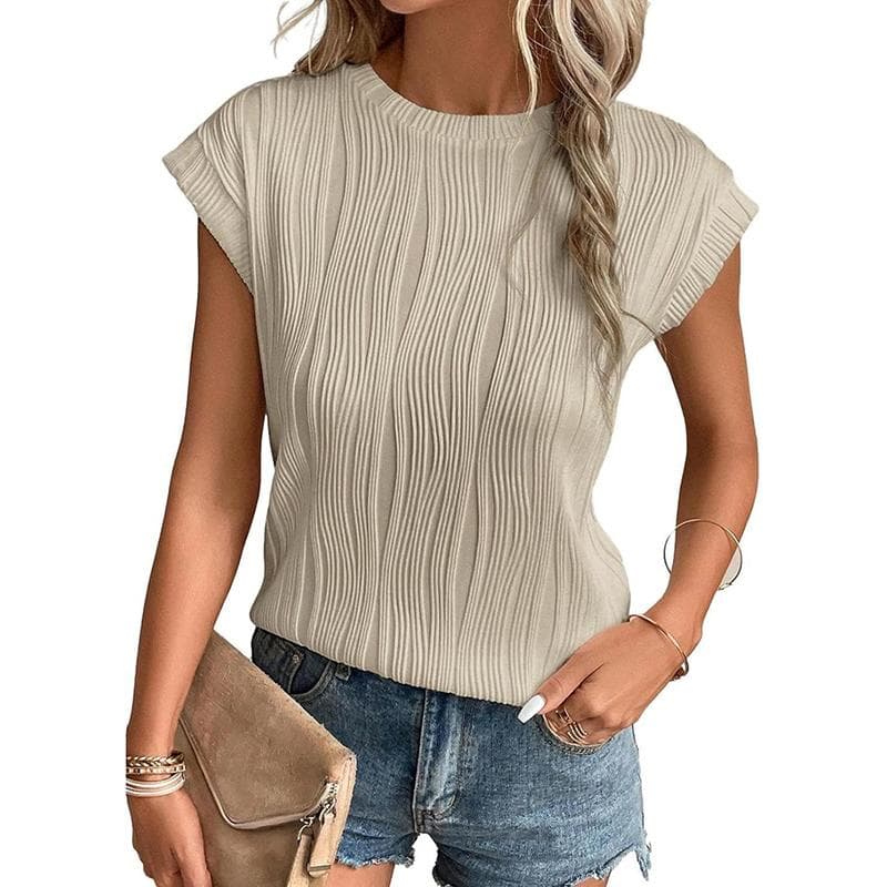 Crew Neck Short Sleeve for Women Summer Pleated Print Solid Short Sleeve Casual Fashion T-shirt Breathable Lightweight Comfortable Work Vacation Top L khaki