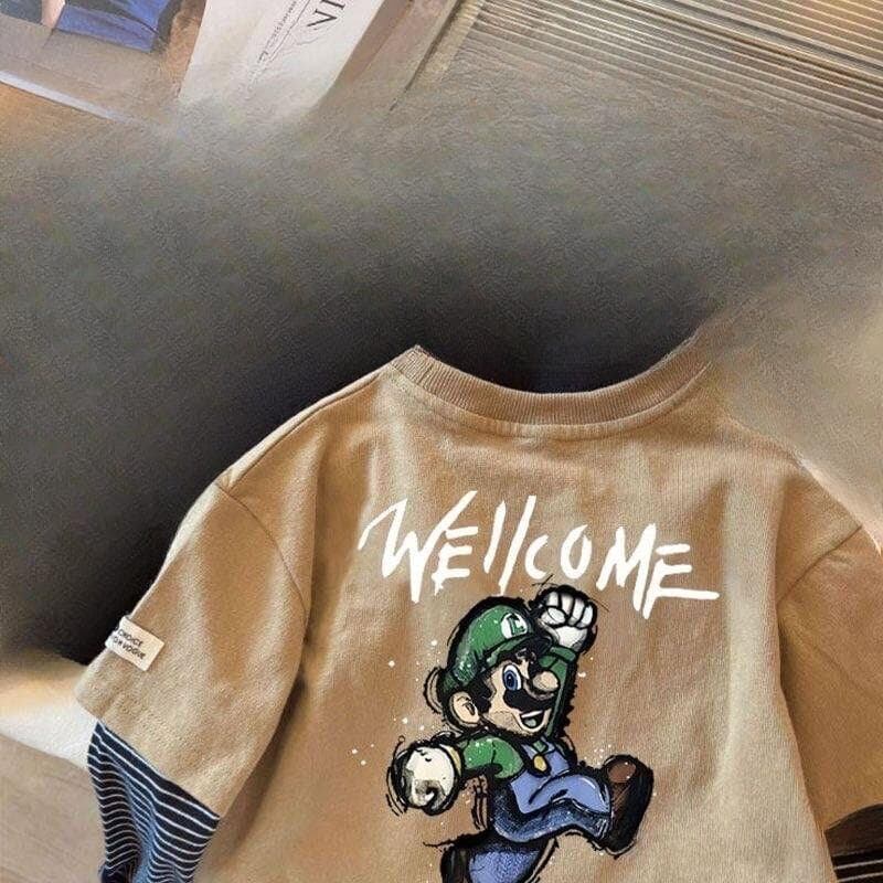 Pure Cotton Boys' T-shirt Long-sleeved Fake Two-piece Children's Spring and Autumn Children's Tops Baby Bottoming Shirt Autumn Clothing 140cm