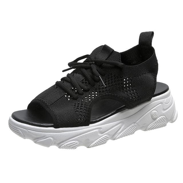 Summer Women Sandals Mesh Casual Shoes White Thick-Soled Lace-Up Sandalias Open Toe Beach Shoes for Women 35 black