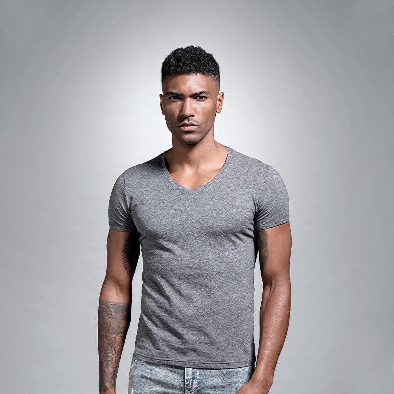 Men's Slim Fit Solid V-Neck White T-Shirt - Short-Sleeved, Sweetheart Collar, Tight Bottoming Shirt L