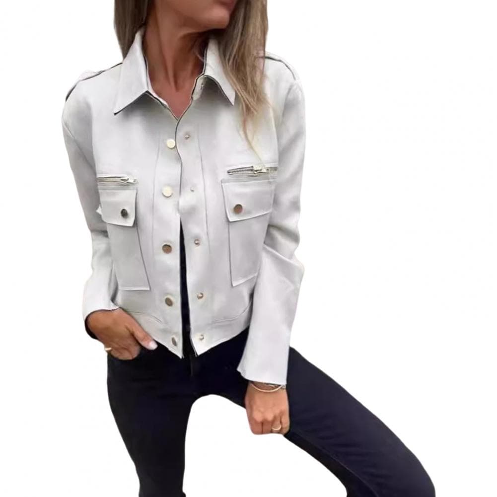 Autumn Spring Coat Flap Pocket Zipper Decor Turn-down Collar Long Sleeves Single-breasted Buttons Cargo Style Daily Wear Outdoor M white