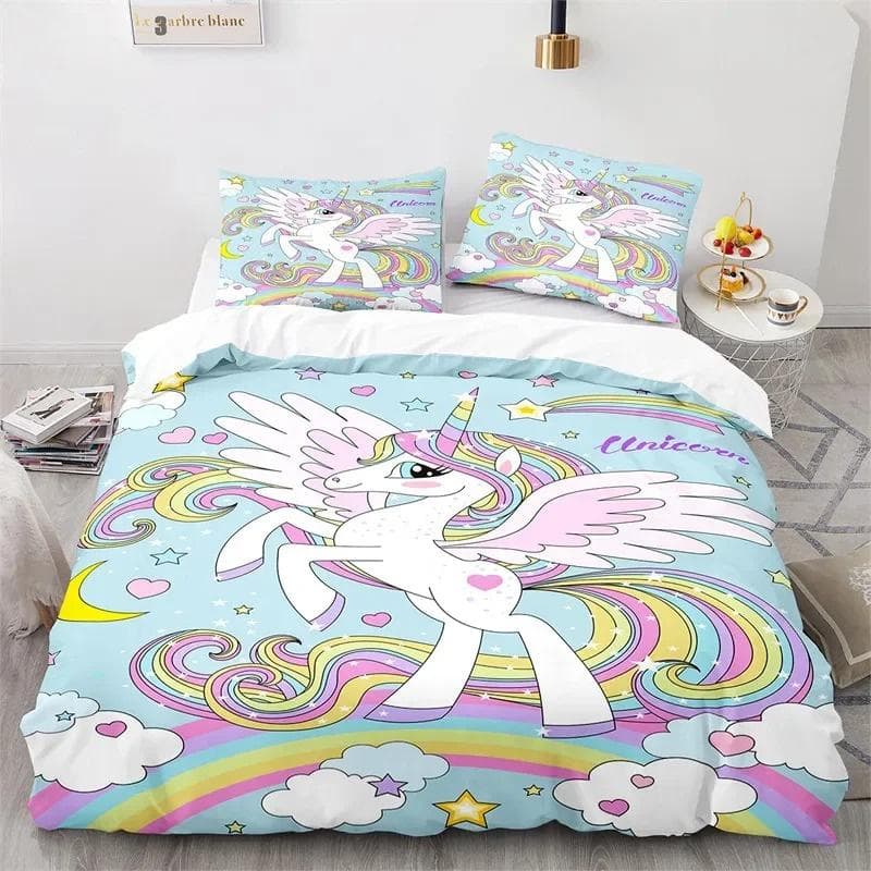 3D Print Magical Unicorn Bedding Set,Duvet Cover Comforter Bed Set Quilt Cover Pillowcase,King Queen Twin Size Boys Girls Adults 135x200cm 2pcs