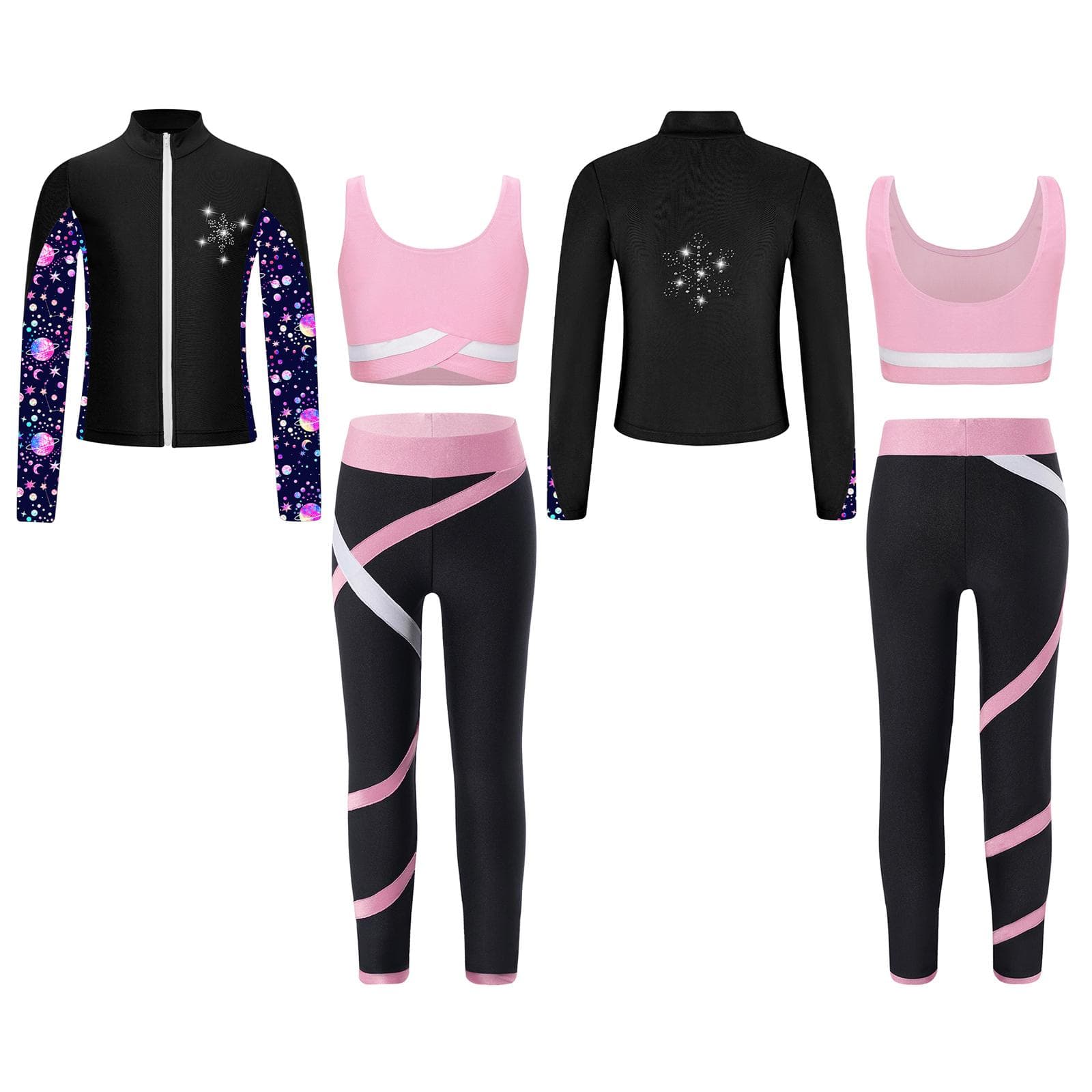 Kids 3 Pieces Girl Sports Dance Outfit Crop Tank Top with Athletic Leggings and Long Sleeve Jacket Set Tracksuit 5-6 Years pink