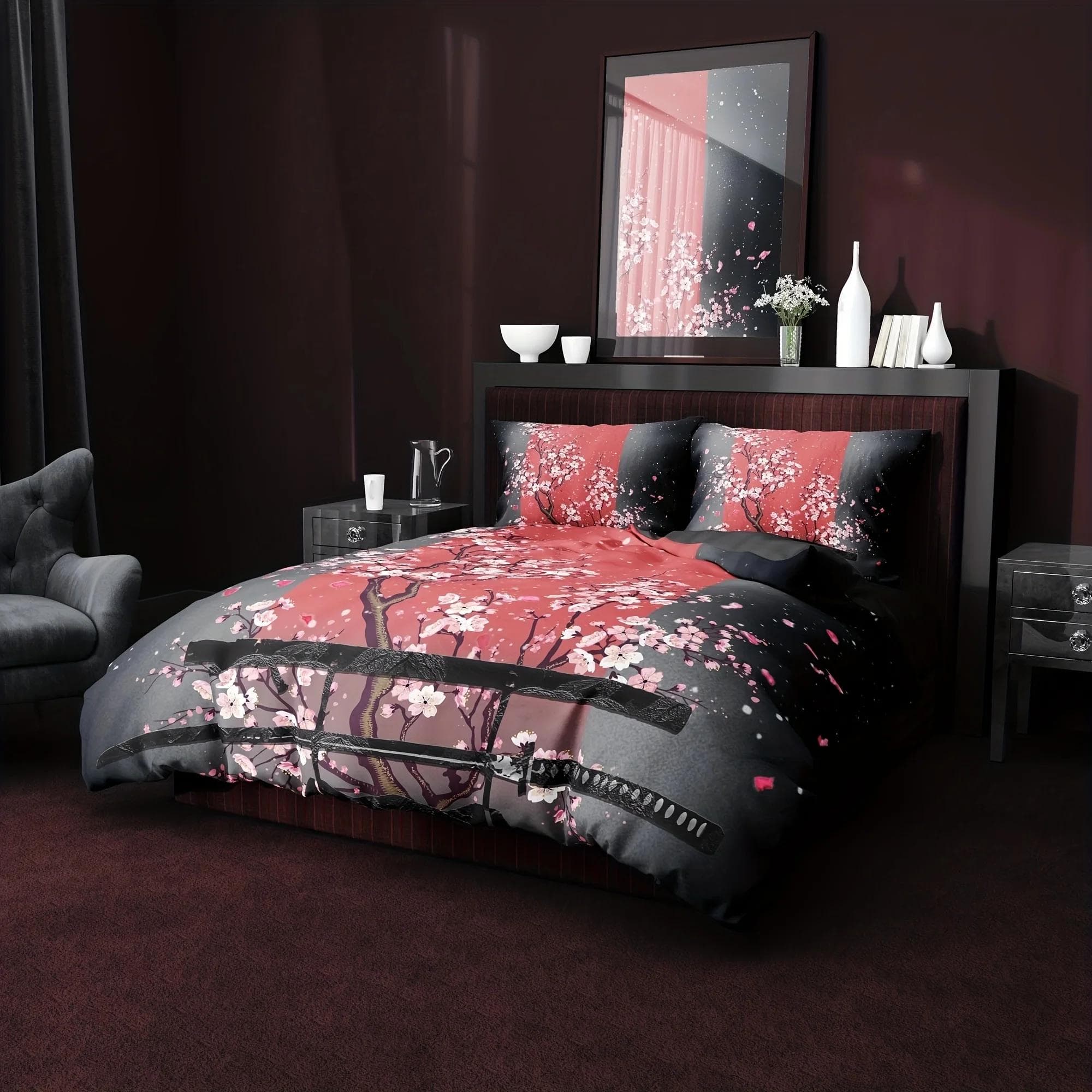 3-Piece Queen Size Samurai Sword Red Sakura 3D Print Duvet Cover Set - Ultra Soft, Breathable, and Vibrant Bedding with Zipper EU King240x220cm