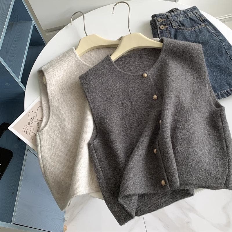 Women Short Knitted Sweater Sleeveless Korean Women Solid Color Vest Ladies Pullover Female Tops One size grey
