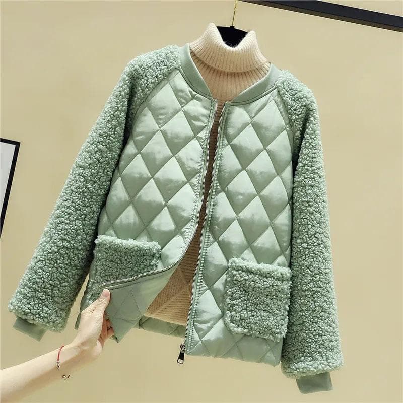 Women's Cotton Jacket Short Loose Lamb Wool Stitching Cotton-padded Jacket Coat Autumn Winter M green