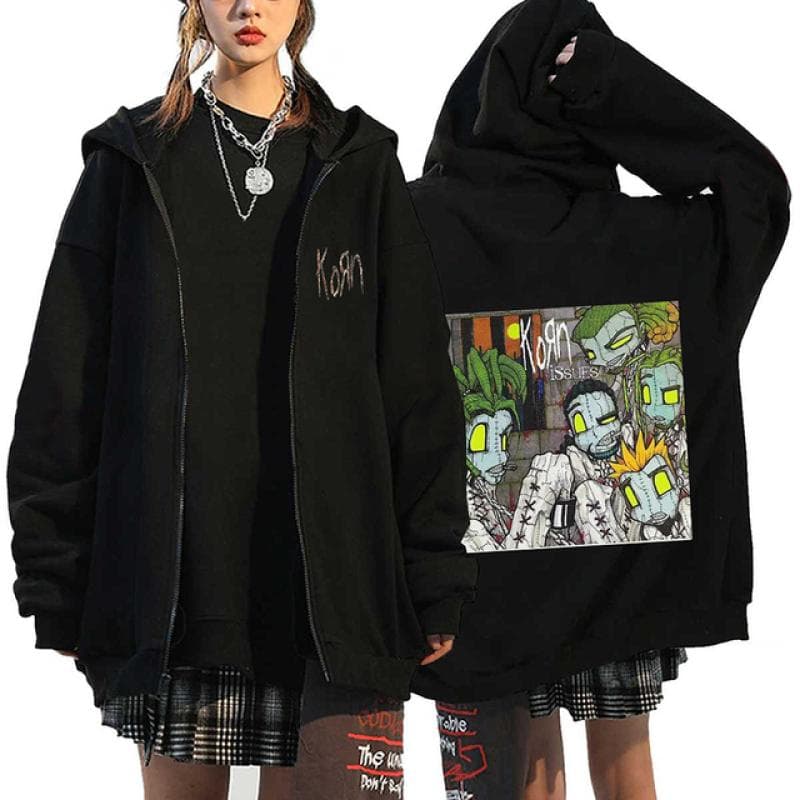 Korn Rock Band Print Zipper Hoodies Metal Music Men's Zip Up Jackets Hip Hop Streetwear Sweatshirts Unisex Y2K Cardigan Coats M