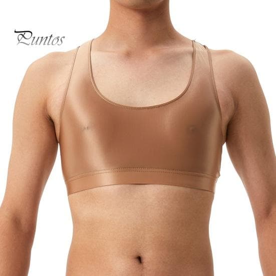 Men Sexy Glossy Silky Vest O-neck Sleeveless Racerback Tank Tops Solid Color Skinny Smooth Surface Tops M coffee