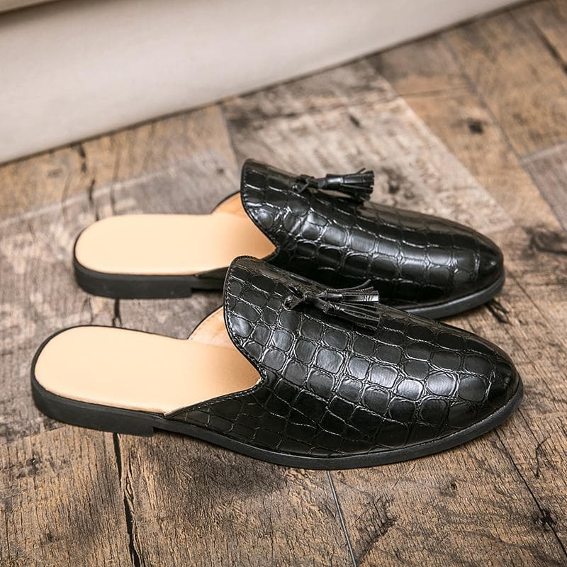 Summer Men Half Loafers Fashion Tassel Breathable Slippers Man Outdoor Lightweight Mules Cool Half Shoes for Man Leather Sandals 45 black
