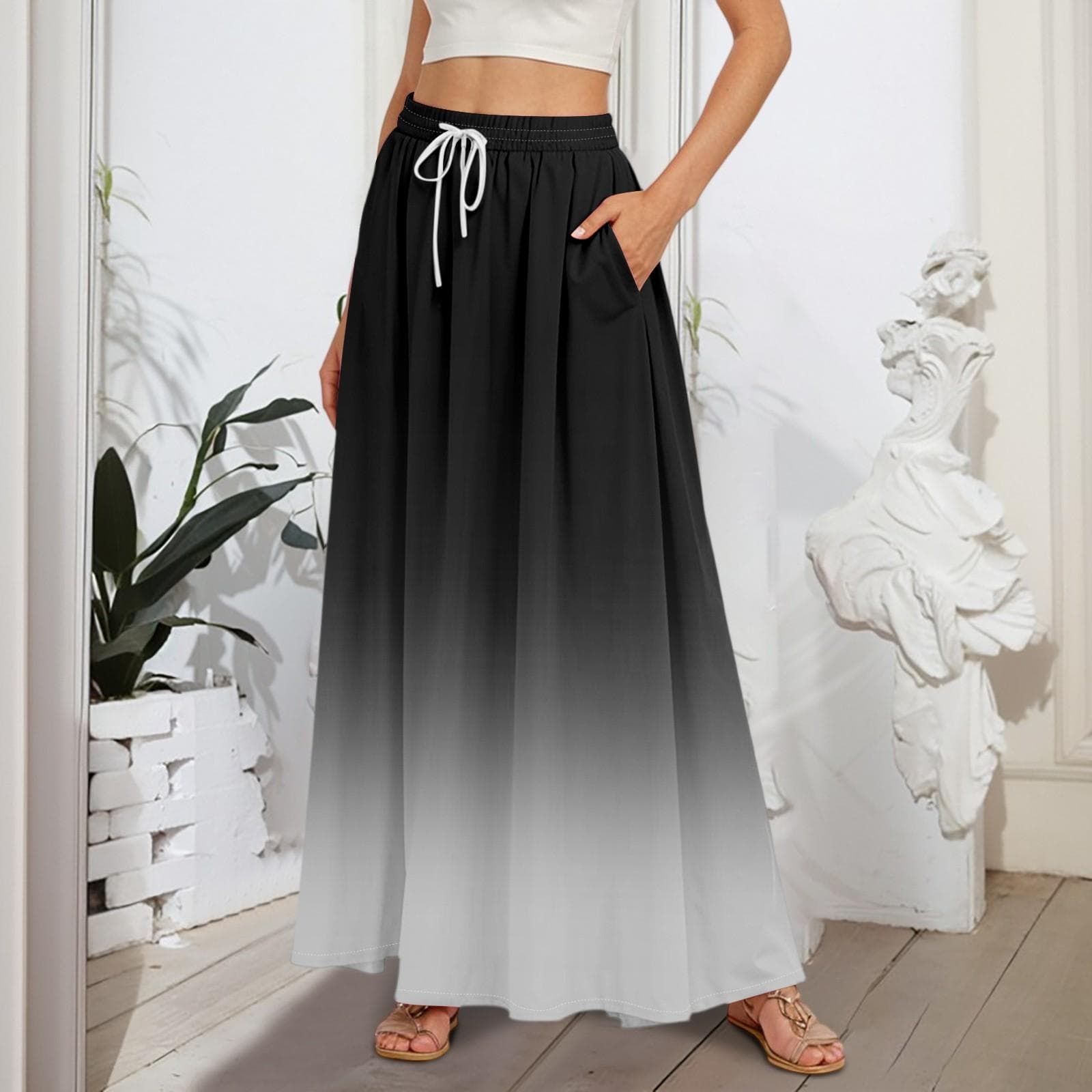 Women's Flowy Flared Ruffle Hem A Line Maxi Skirts Elastic Waist Elegant Tiered Layer Boho Long Skirts S black