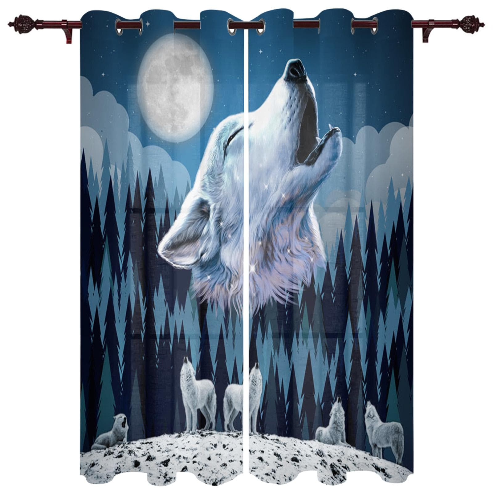 Wolf Colorful Jungle Moon Window Curtain Bedroom Living Room Window Drapes Kitchen Decoration Blinds Curtain 135W x 60H(cm) x1