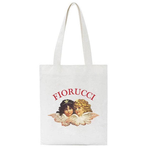 Fiorucci Letter Angel Cartoon Casual Vintage Large-capacity Fashion Harajuku Canvas Bag Hip Hop Shopping Bag Women Shoulder Bags 34*42cm