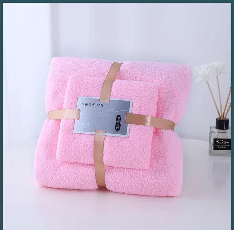 Coral Velvet Towel Set Bath Towel Household Large Size Water Absorbing Quick Drying Swimming Beach Towel Bathroom Accessories 2Pcs/set pink