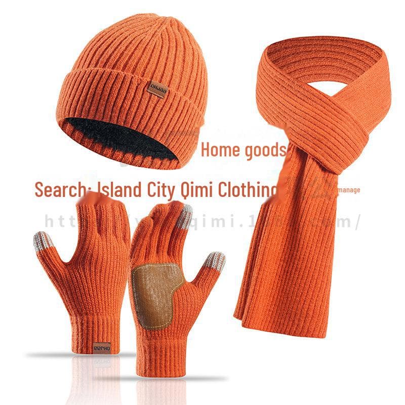 European & American Women's Winter Wool Hat, Scarf, and Leather Gloves Set - Non-Slip, Three-Piece orange