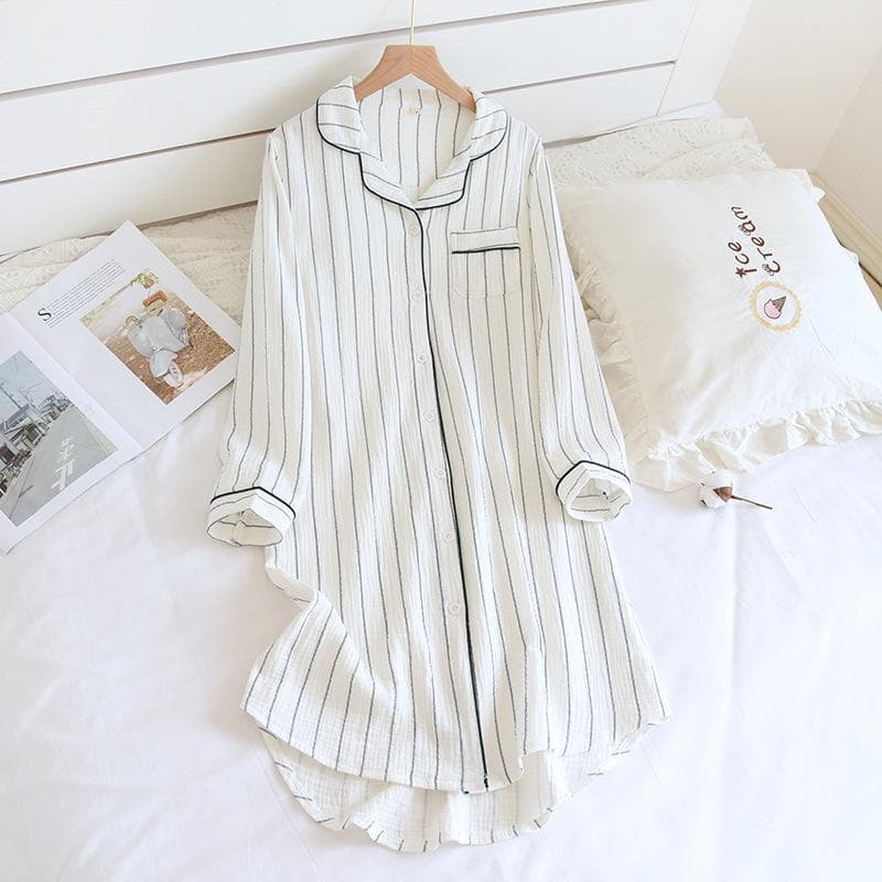 Spring and Summer New Long-Sleeved Nightgowns Cotton Women's Mid-Length Cotton Sleepshirts Home Stripe Knee-Length XL