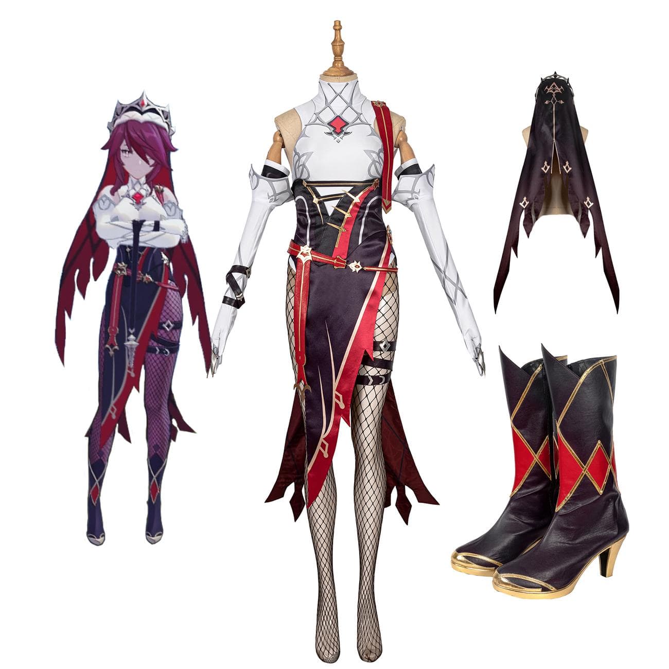 Rosaria Cosplay Costume Custom Made Rosaria Dress Boots Full Set Cosplay for Women Fancy Stage Dress XXXL as shown