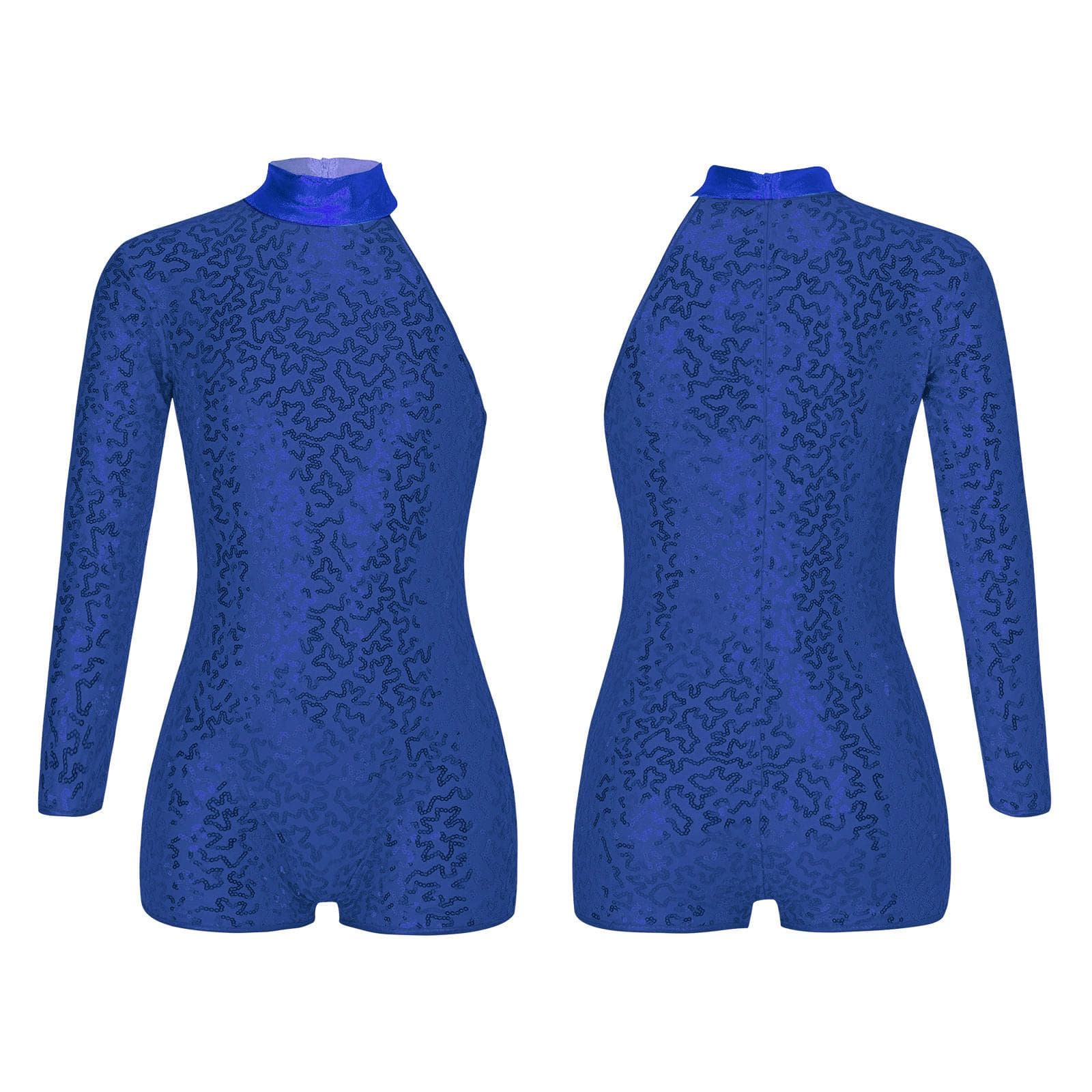 Kids Girls Single Long Sleeve Gymnastics Leotard Sequins Ballet Dance Unitards Short Jumpsuit 9-10 Years blue