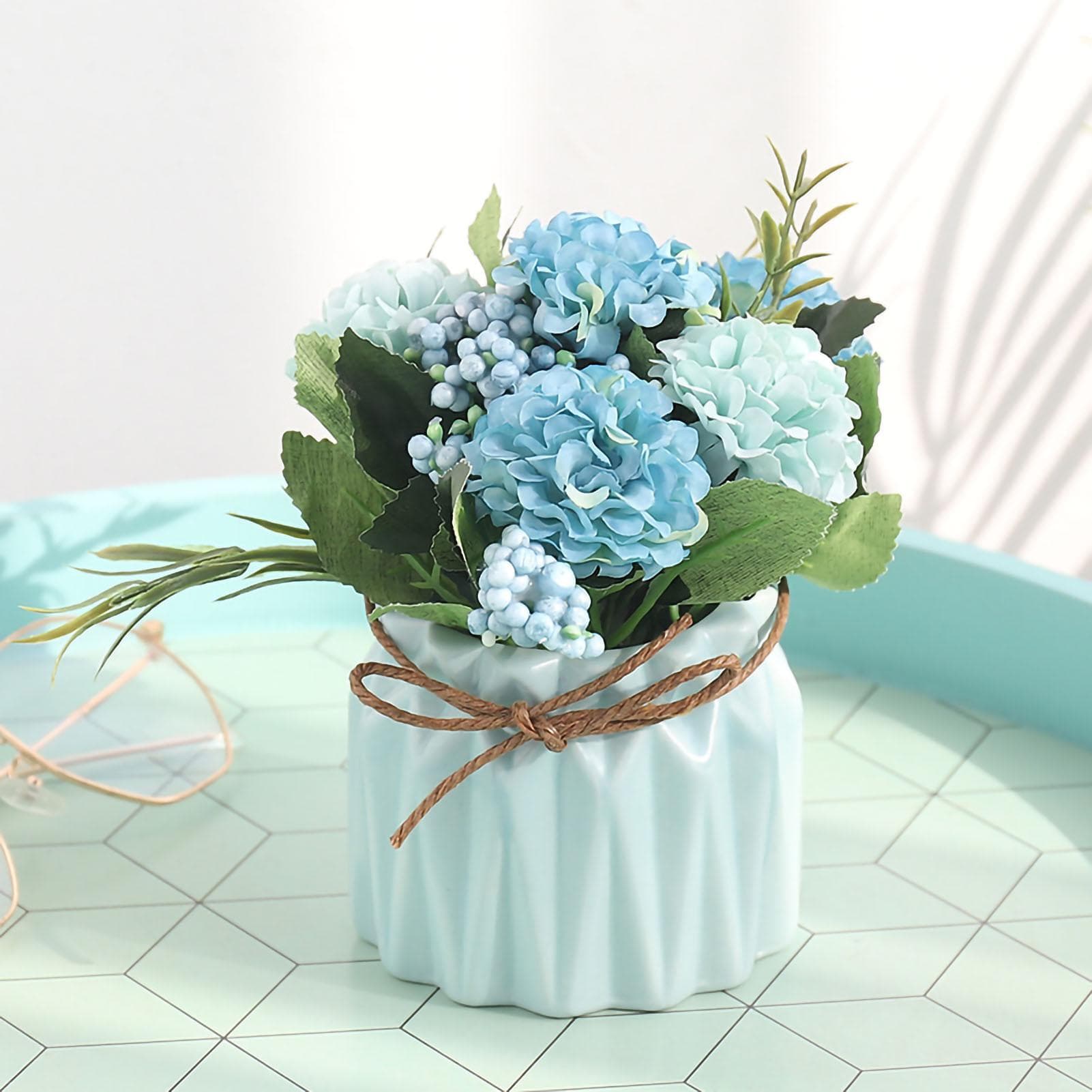 Artificial Fake Potted Flowers Bouquet Hydrangea with Vase for Dining Table Decoration Blue blue