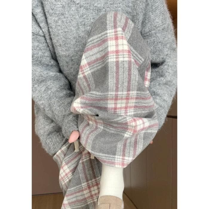 Gray Plaid Pants for Women In Autumn and Winter New High-waist Drooping Retro Casual Straight Laziness Wide-leg Pants 2XL pink