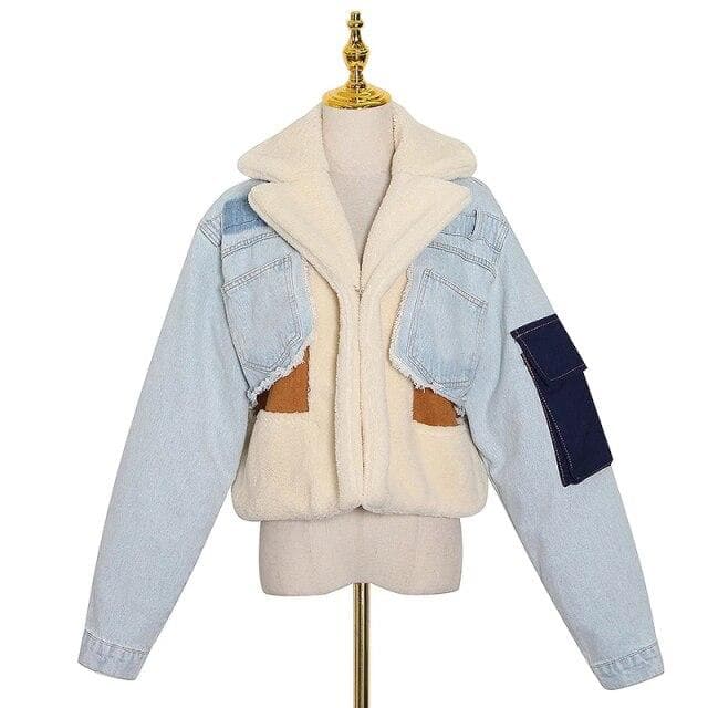 Winter Fashion Twotwinstinstk Wool Women's Denim Jacket, Women's Long-sleeved Lapel Jacket with Casual Tassels XL blue